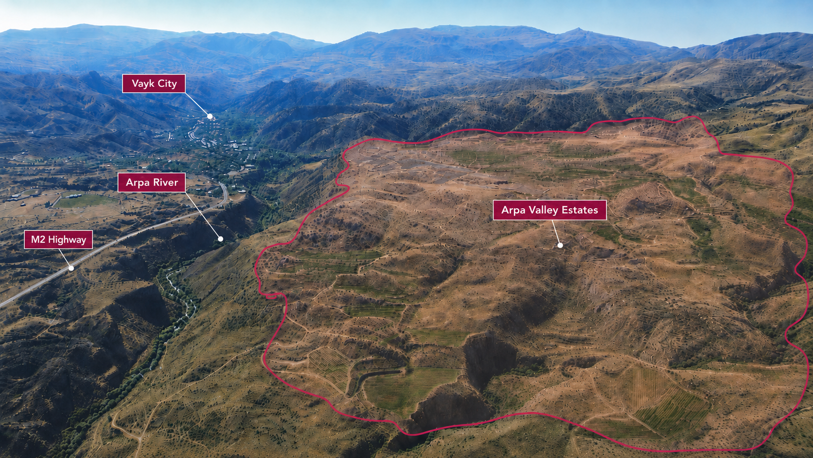 Annotated aerial map of Arpa Valley Estates near Vayk, the Arpa River, and the M2 highway