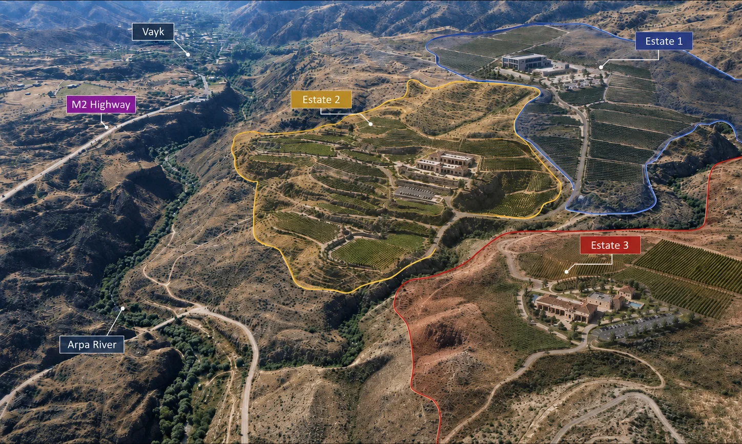 Annotated aerial concept map showing three signature estate parcels relative to Vayk, the M2 Highway, and the Arpa River